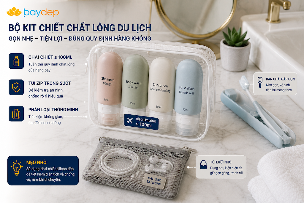 bộ chai chiết mỹ phẩm du lịch và túi zip đựng đồ dùng cá nhân gọn gàng