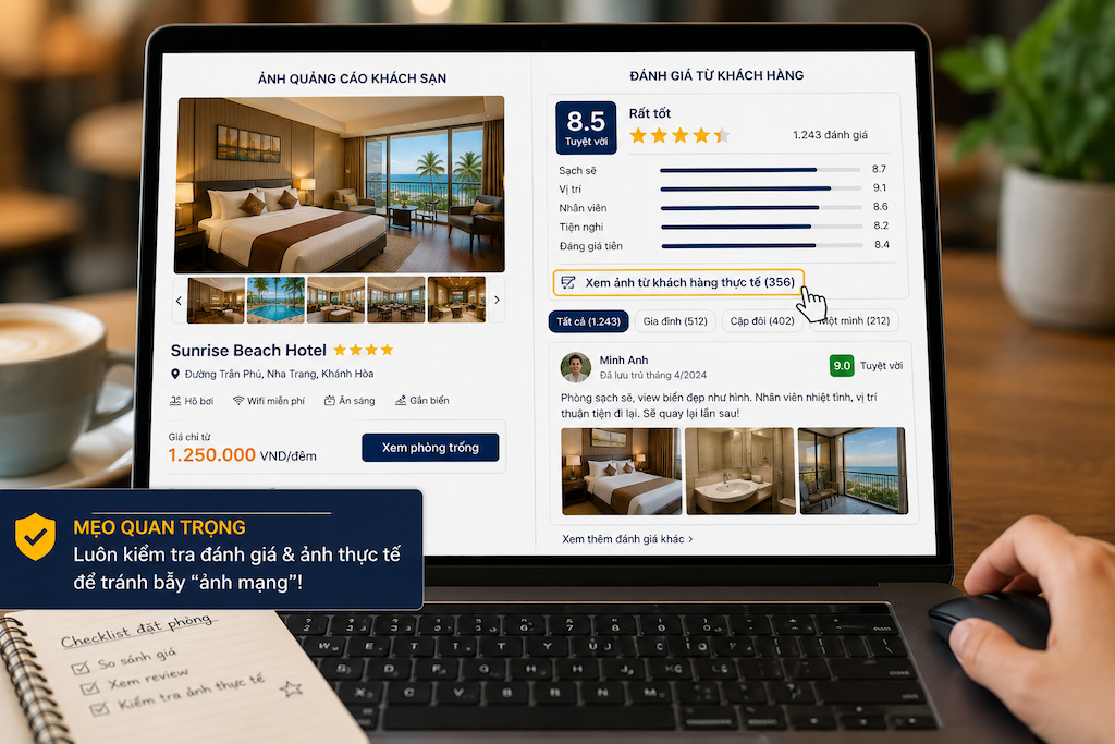 khách du lịch kiểm tra review và ảnh thực tế phòng khách sạn trước khi đặt phòng
