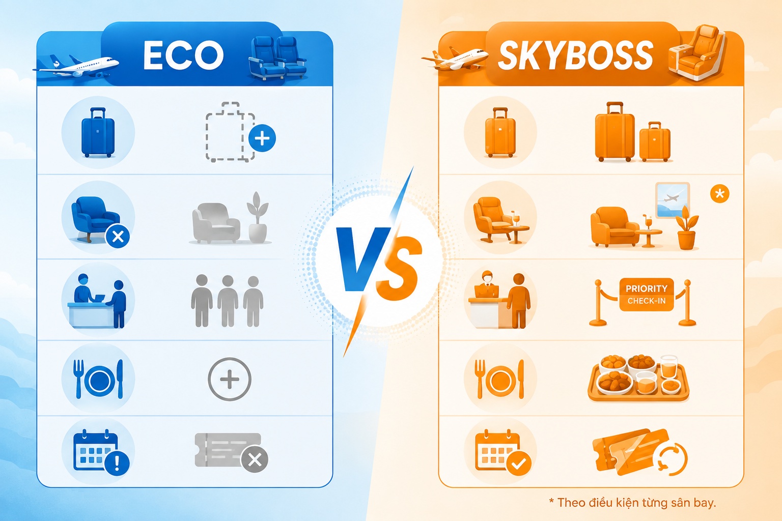 bảng kiểm tra quyền lợi SkyBoss theo sân bay và đường bay