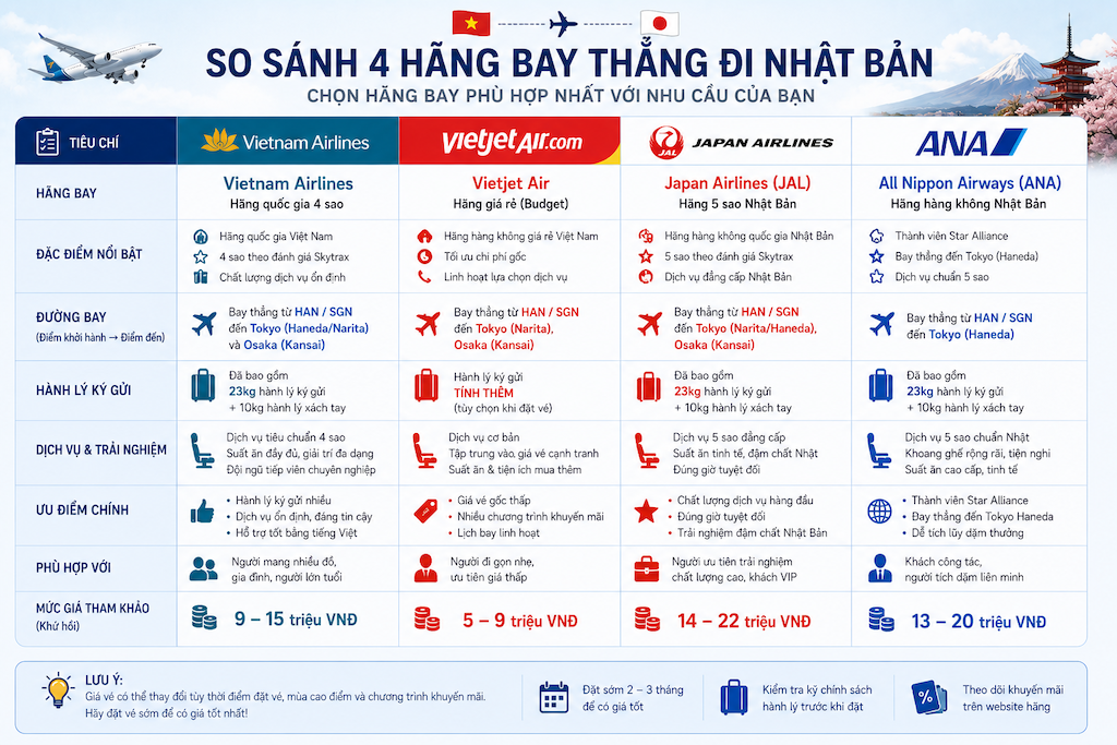 bảng so sánh các hãng bay thẳng Vietnam Airlines Vietjet JAL ANA đi Nhật Bản
