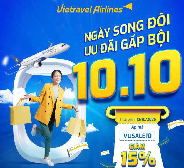 10/10 Vietravel Airlines ưu đãi giảm ngay 15%