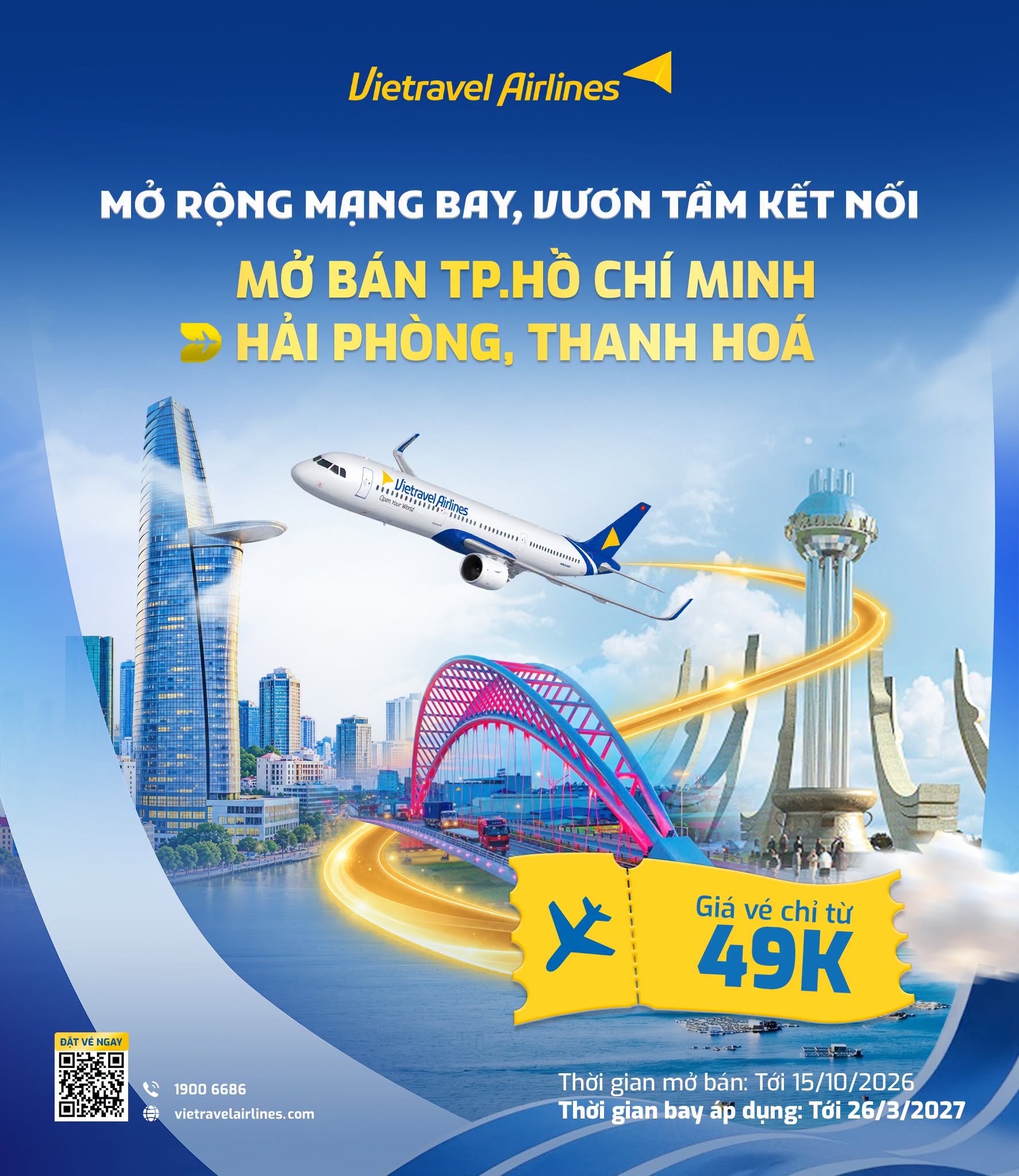 Vietravel Airlines mở đường bay thẳng TP.HCM đi Hải Phòng và Thanh Hóa chỉ từ 49.000 đồng