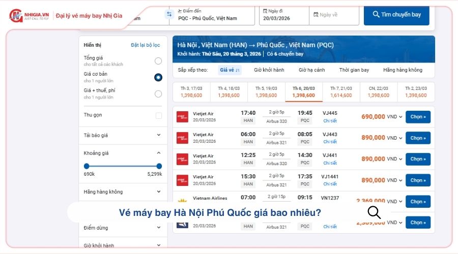 Vé máy bay Hà Nội Phú Quốc giá bao nhiêu?