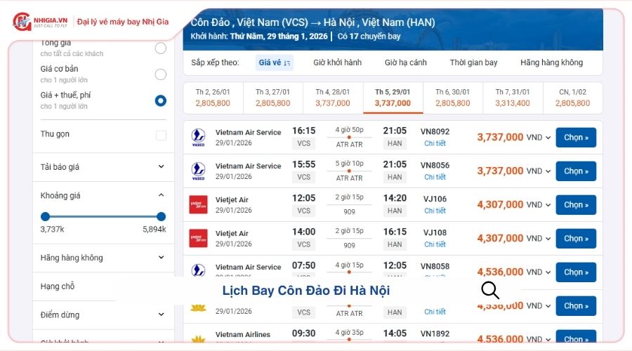 Lịch Bay Côn Đảo Đi Hà Nội