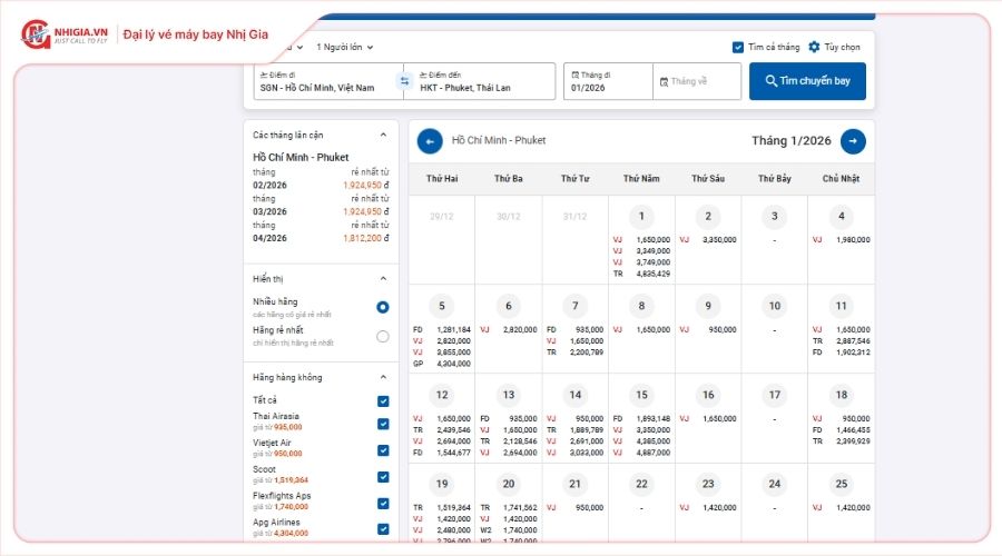 Bảng giá vé máy bay Sài Gòn Phuket
