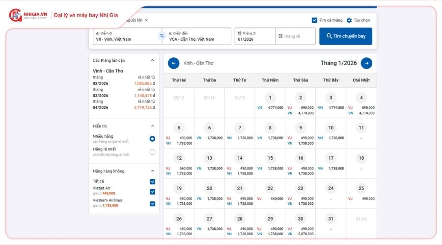 Vé máy bay Vinh Cần Thơ giá bao nhiêu?