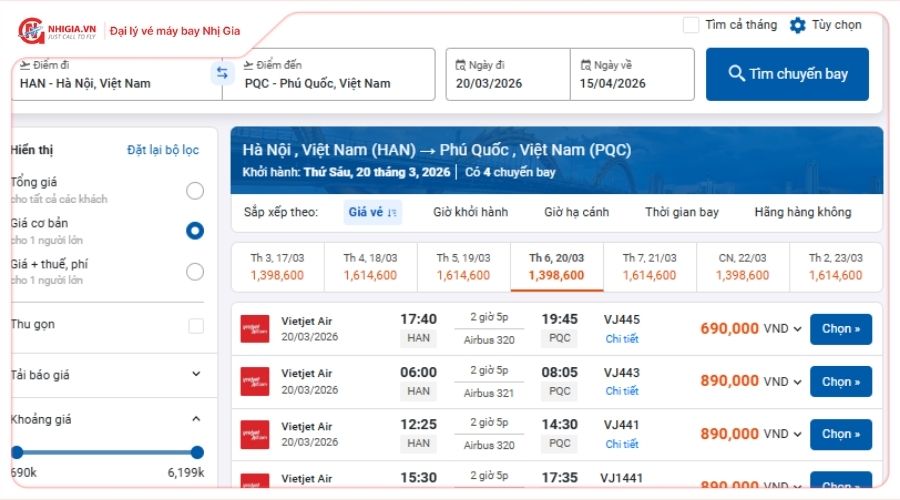 Giá vé máy bay Hà Nội đi Phú Quốc của VietJet Air?