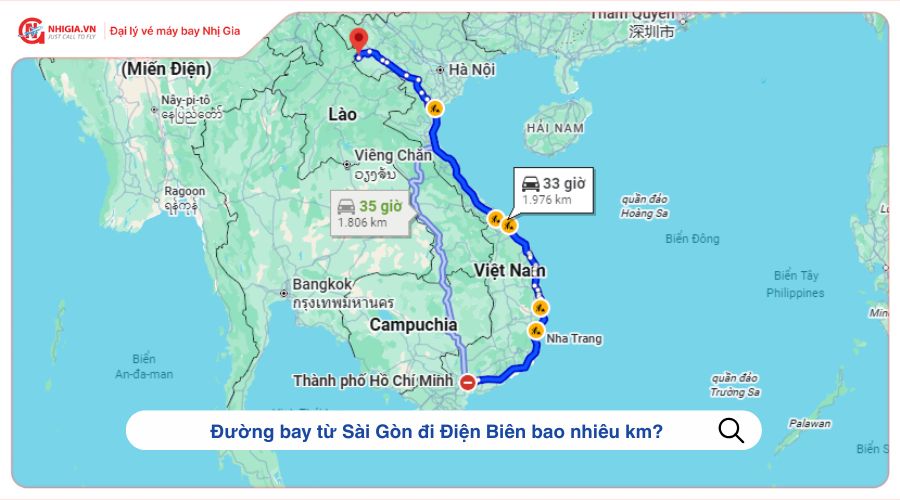 Đường bay từ Sài Gòn đi Điện Biên bao nhiêu km?