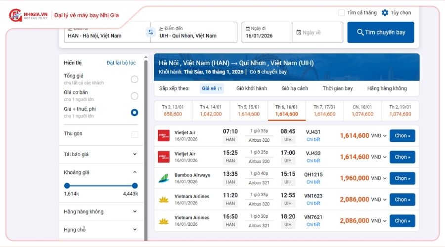 Vé máy bay Hà Nội Quy Nhơn giá bao nhiêu?