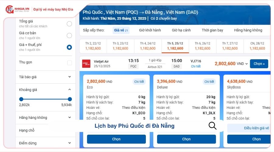 Lịch bay Phú Quốc đi Đà Nẵng