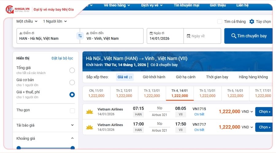 Vé máy bay Hà Nội Vinh giá bao nhiêu?