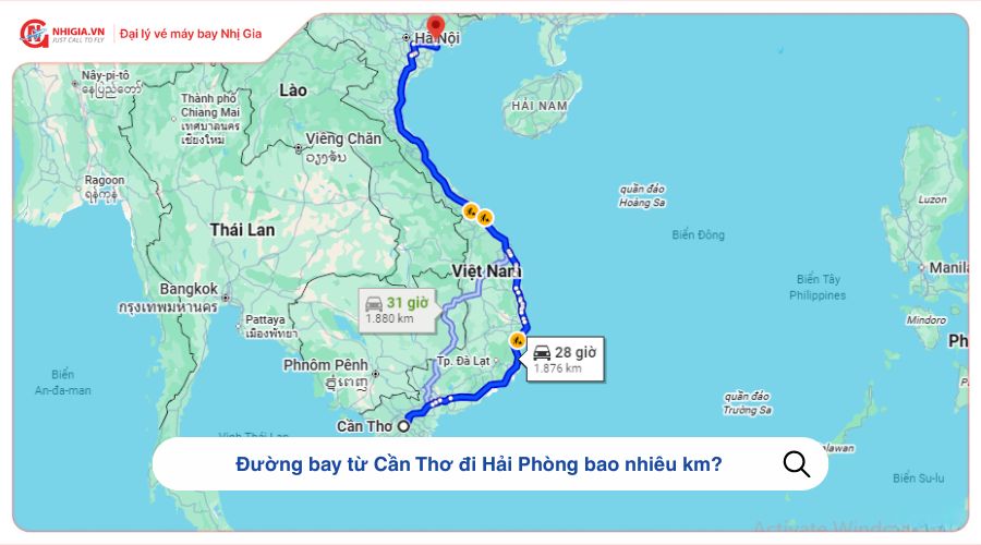 Đường bay từ Cần Thơ đi Hải Phòng bao nhiêu km?