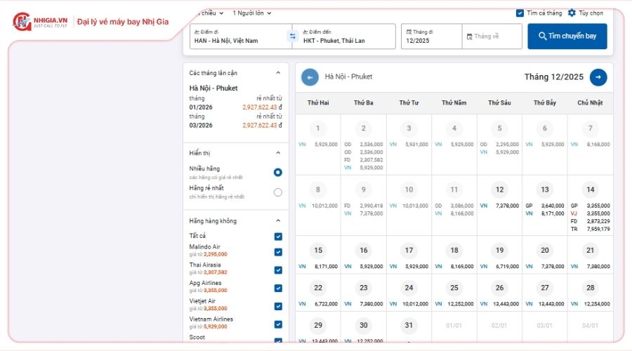 Bảng giá vé máy bay Hà Nội Phuket