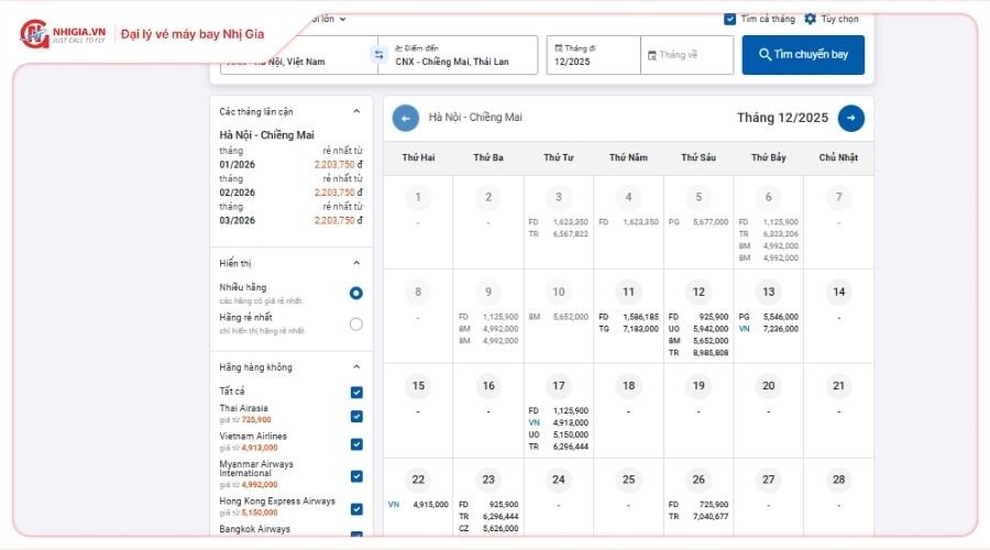 Bảng giá vé máy bay Hà Nội Chiang Mai
