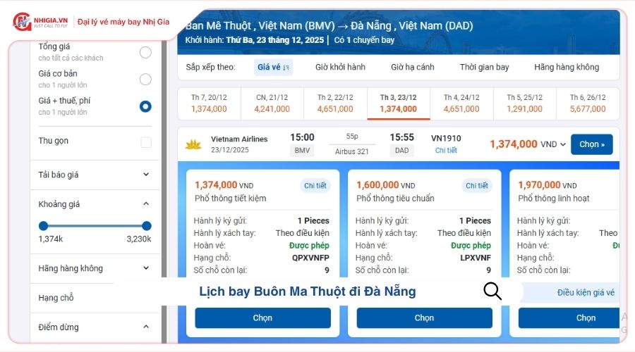 Lịch bay Buôn Ma Thuột đi Đà Nẵng