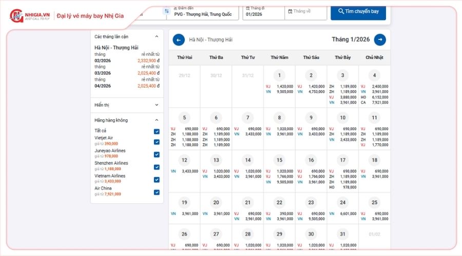 Bảng giá vé máy bay Hà Nội Trung Quốc