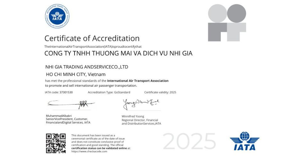 Đại lý vé máy bay Nhị Gia đạt chứng nhận IATA toàn cầu