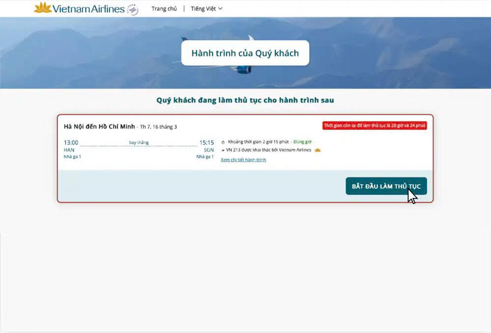 Hướng dẫn làm thủ tục trực tuyến trên Website Vietnam Airlines