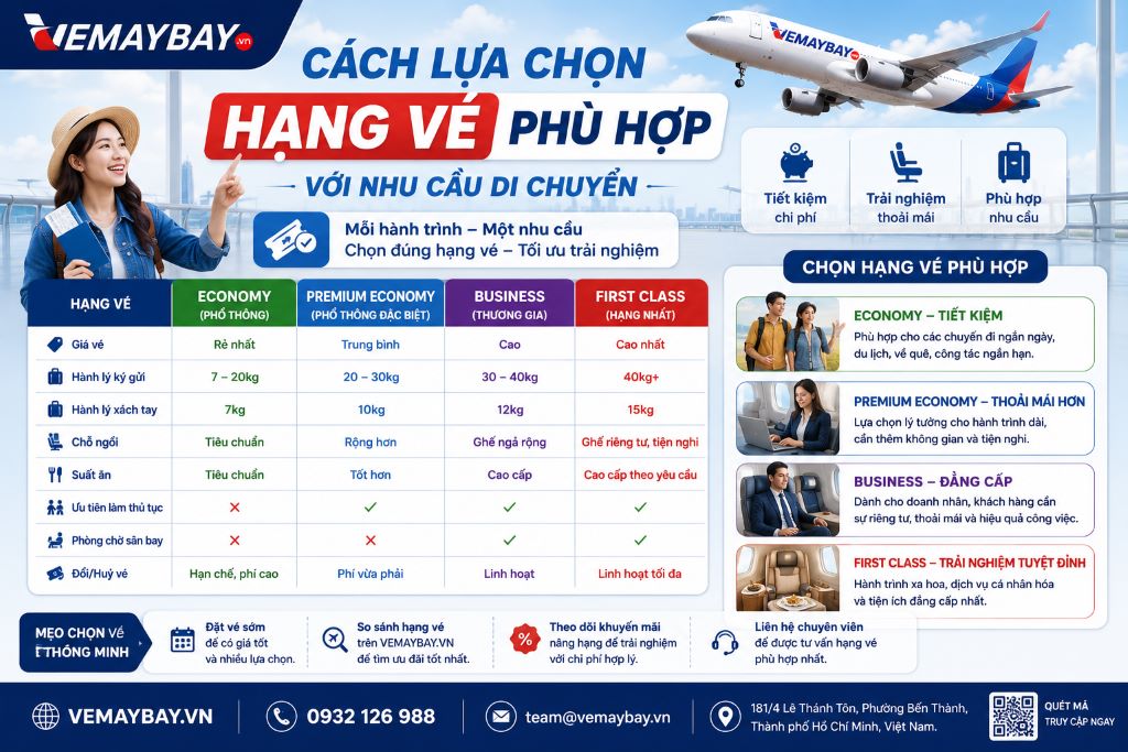 Giao diện so sánh các hạng ghế hàng không trên hệ thống trực tuyến
