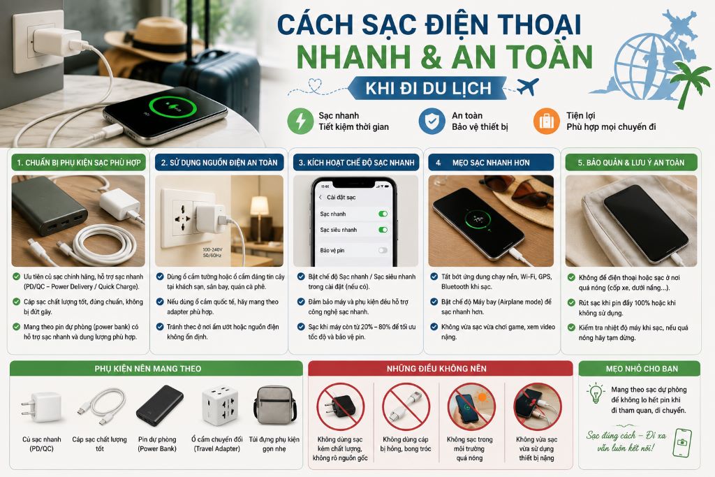 Sạc Điện Thoại Nhanh Và An Toàn Khi Đi Du Lịch Để Luôn Giữ Kết Nối