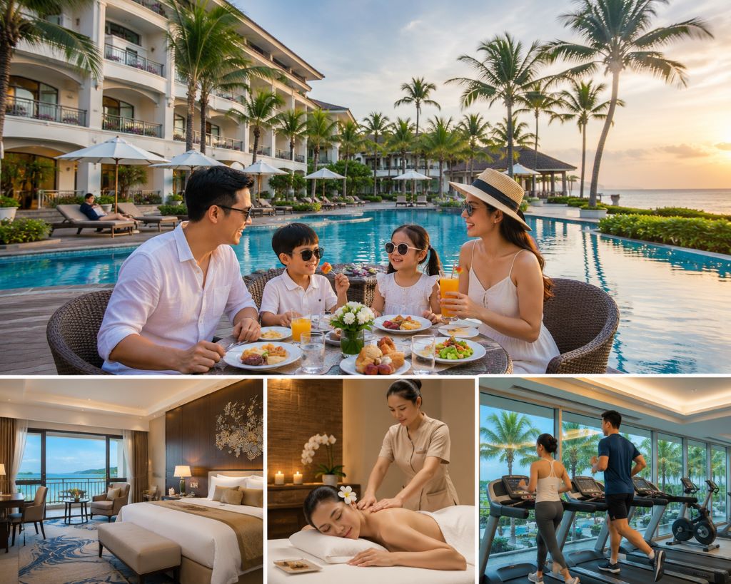 Hình ảnh một gia đình đang tận hưởng dịch vụ tại resort cao cấp hoặc một khách sạn hiện đại đầy đủ tiện nghi hồ bơi và spa.