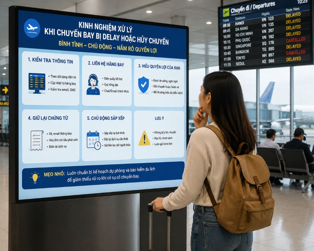 Hành khách kiểm tra thông tin kinh nghiệm xử lý khi chuyến bay bị delay hoặc hủy chuyến tại bảng điện tử sân bay