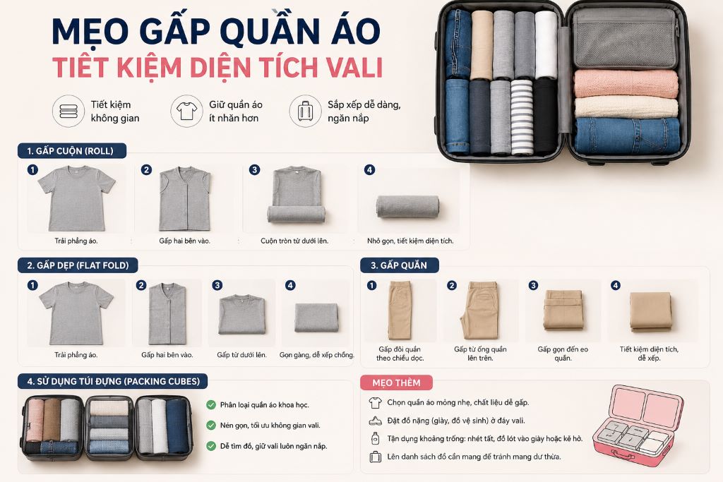 Gấp Quần Áo Tiết Kiệm Diện Tích Vali Cho Chuyến Du Lịch Gọn Nhẹ
