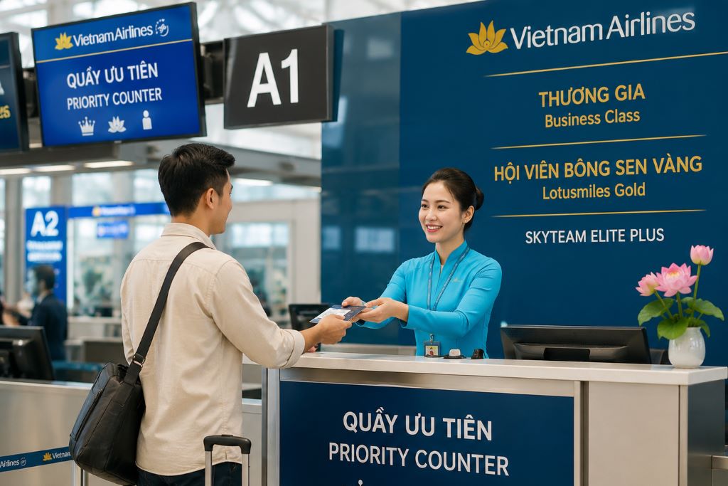 Hành khách đang làm thủ tục tại quầy ưu tiên của hãng hàng không