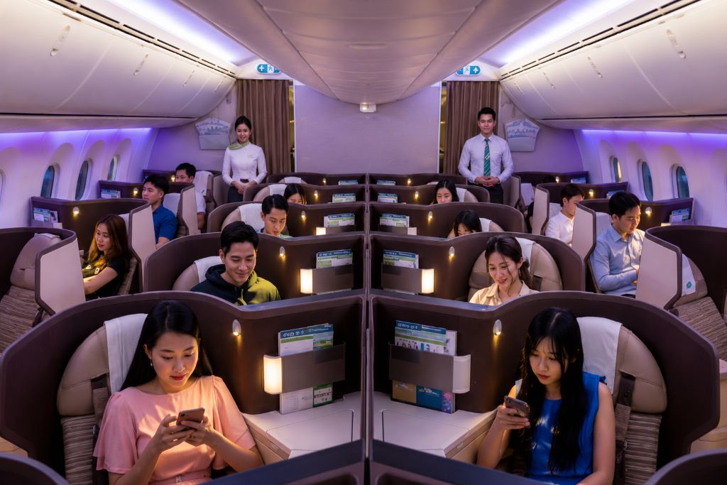 khoang hạng thương gia trên chuyến bay quốc tế đường dài