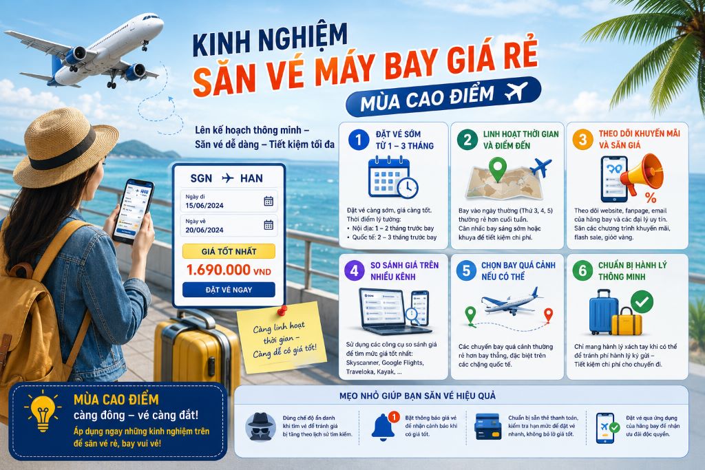 kinh nghiệm săn vé máy bay giá rẻ mùa cao điểm hiển thị trên giao diện máy tính