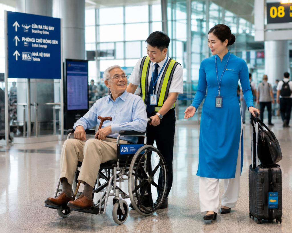 Hành khách người cao tuổi được nhân viên sân bay hỗ trợ di chuyển bằng xe lăn chuyên dụng