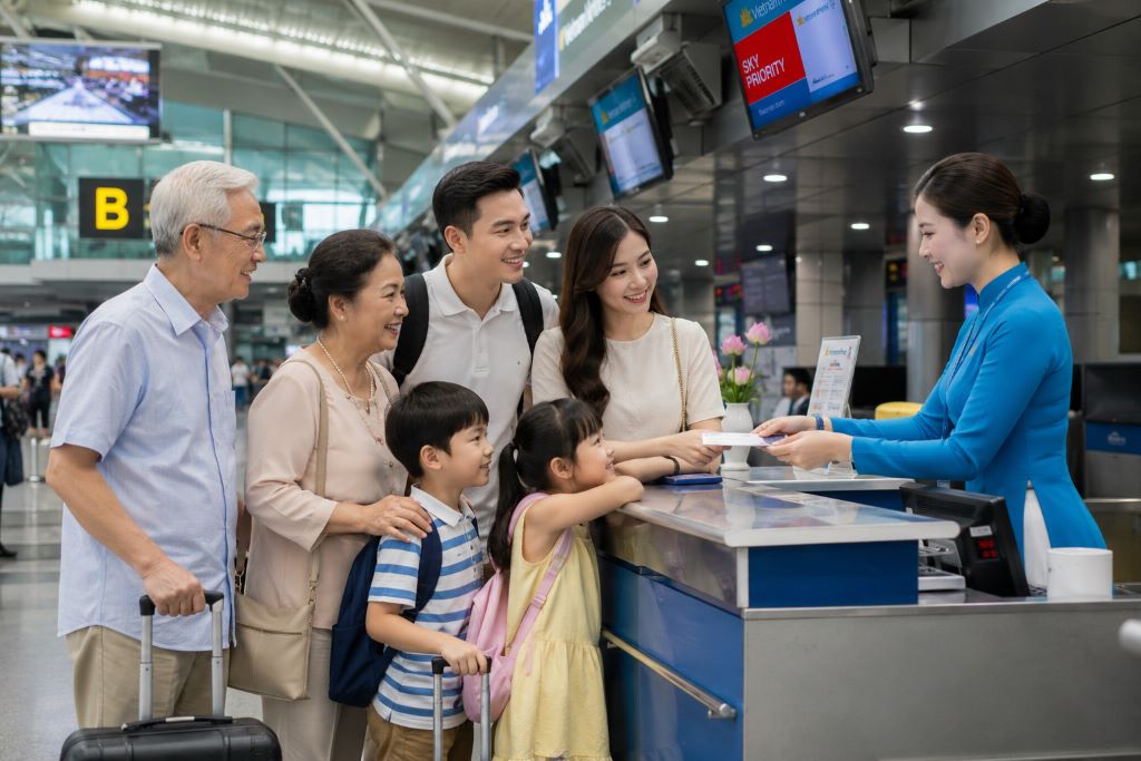 Gia đình gồm người cao tuổi và trẻ em đang làm thủ tục tại quầy vé máy bay ở sân bay