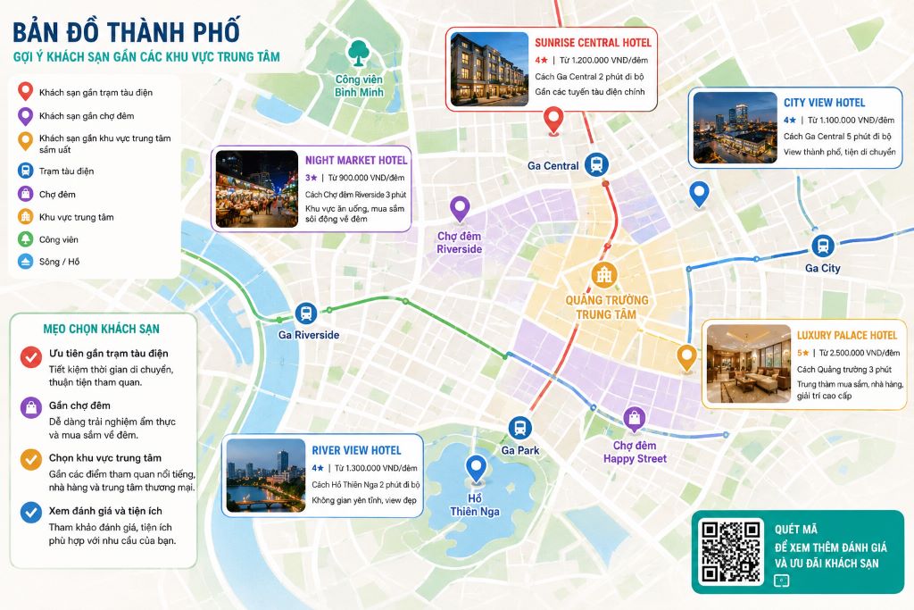 Bản đồ thành phố với các điểm đánh dấu khách sạn gần trạm tàu điện, chợ đêm hoặc các khu vực trung tâm sầm uất.