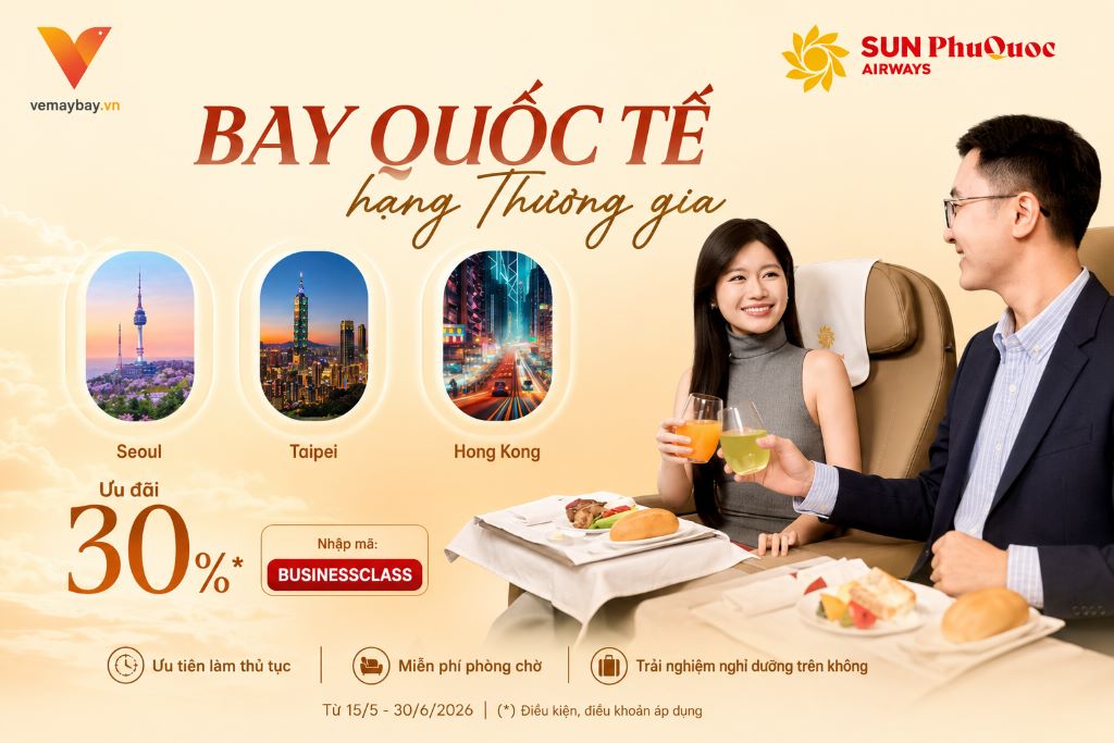 Sun PhuQuoc Airways Giảm Đến 30% Cho Vé Hạng Thương Gia Các Đường Bay Quốc Tế Từ Phú Quốc