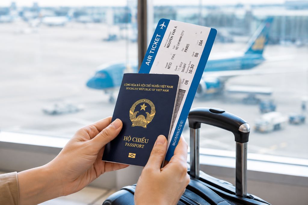 hành khách chuẩn bị hộ chiếu và vé máy bay quốc tế cho chuyến đi nước ngoài