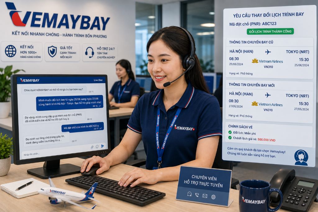 Chuyên viên hỗ trợ trực tuyến giải quyết yêu cầu thay đổi lịch trình bay