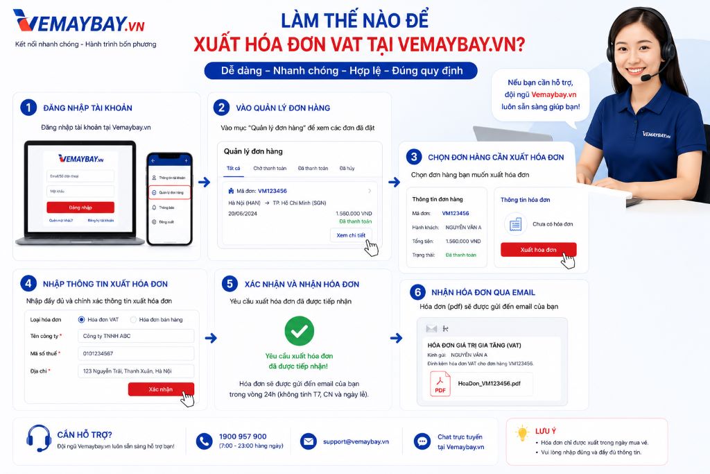 Hướng dẫn xuất hóa đơn VAT khi đặt vé tại Vemaybay.vn