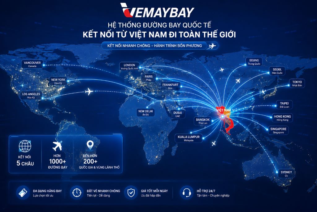 Hệ thống hiển thị các đường bay quốc tế kết nối từ Việt Nam đi toàn thế giới