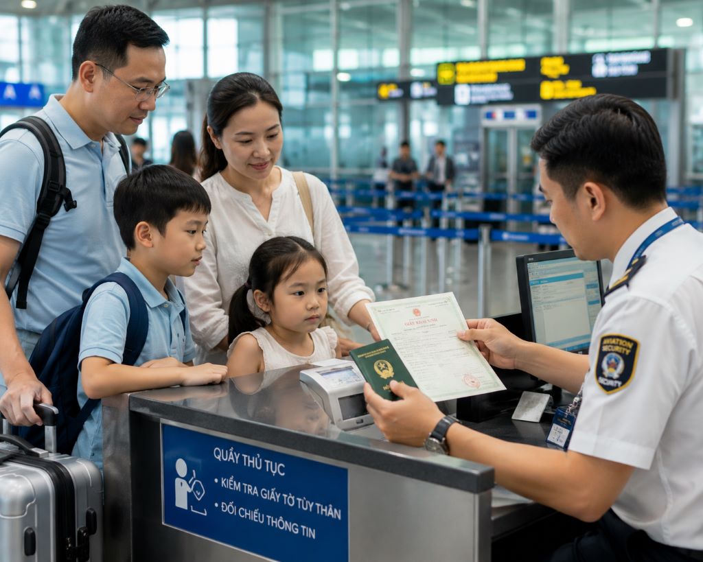 Nhân viên an ninh sân bay kiểm tra giấy khai sinh và hộ chiếu của trẻ em khi làm thủ tục