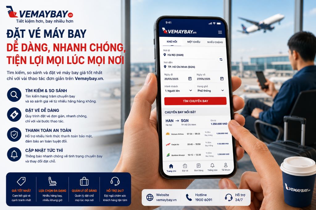 Giao diện đặt vé máy bay trực tuyến hoặc hình ảnh hành khách đang kiểm tra lịch trình bay và đặt phòng trên điện thoại.