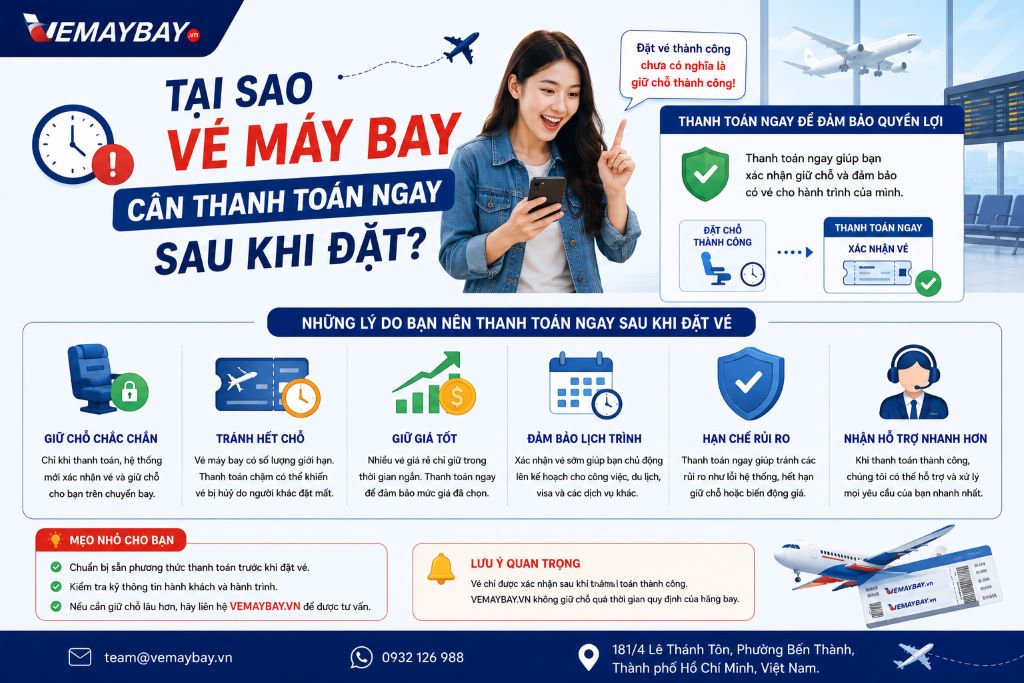 Giao diện màn hình hiển thị thông báo thời hạn thanh toán vé máy bay