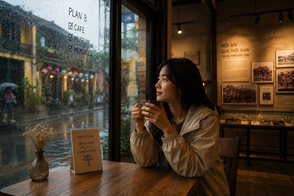 Góc view từ bên trong một quán cà phê có không gian kính ấm cúng nhìn ra khung cảnh trời mưa lãng mạn bên ngoài.