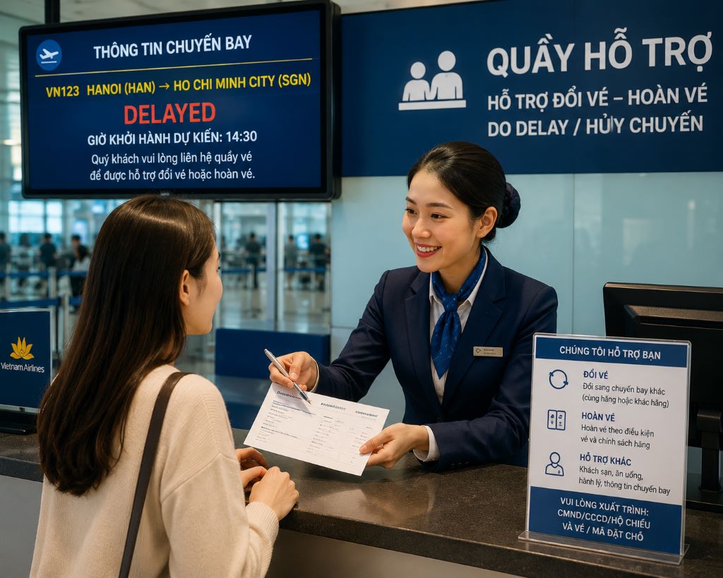Nhân viên hỗ trợ hành khách xử lý thủ tục đổi vé tại quầy vé máy bay