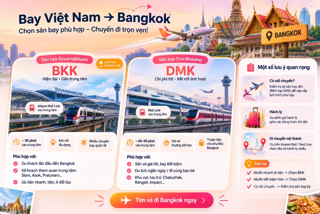 bảng so sánh sân bay Suvarnabhumi và Don Mueang Bangkok