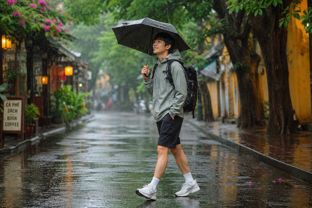 Hình ảnh một bạn trẻ đang thảnh thơi đi dạo dưới mưa với chiếc ô gấp gọn, balo chống nước và trang phục năng động, gọn nhẹ.