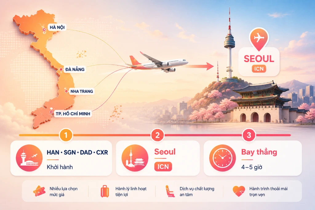 Vé máy bay Việt Nam đi Seoul: Giá cạnh tranh, hỗ trợ đặt vé 24/7