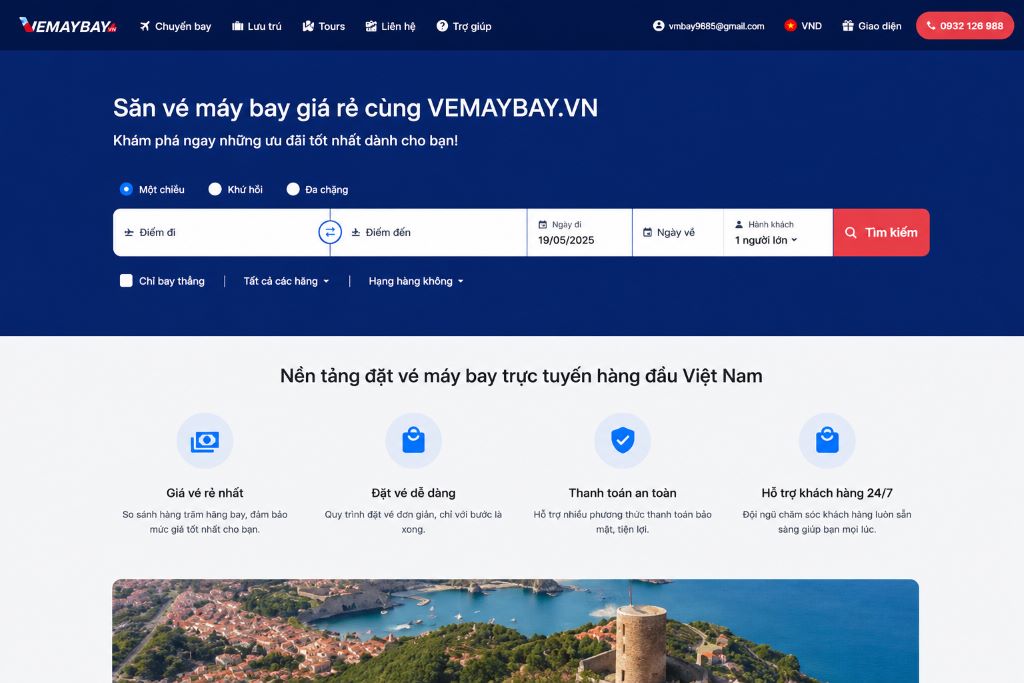 Giao diện hệ thống đặt vé máy bay trực tuyến VMB hiện đại và tối giản