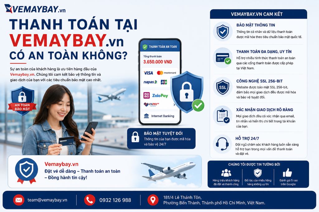 Biểu tượng ổ khóa an toàn mã hóa SSL và giao diện thanh toán bảo mật của Vemaybay.vn