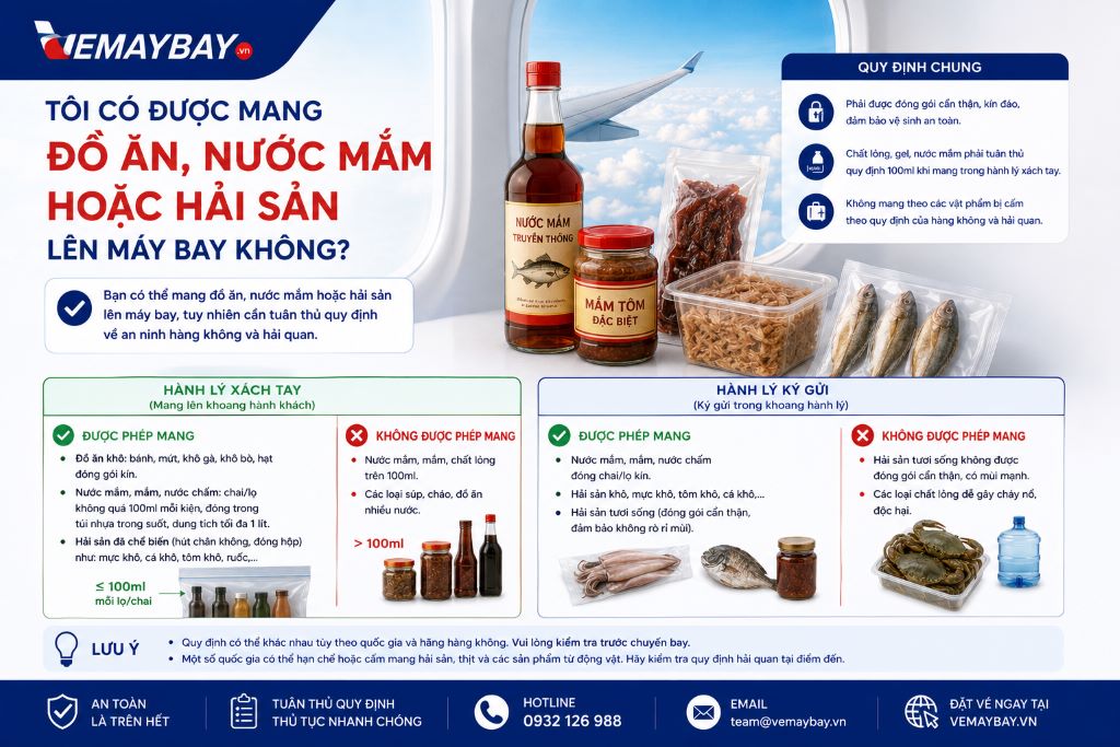 Tôi có được mang đồ ăn, nước mắm hoặc hải sản lên máy bay không?