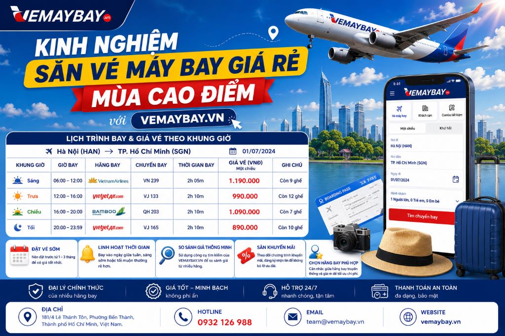 bảng hiển thị chi tiết lịch trình bay và giá vé theo các khung giờ trong ngày